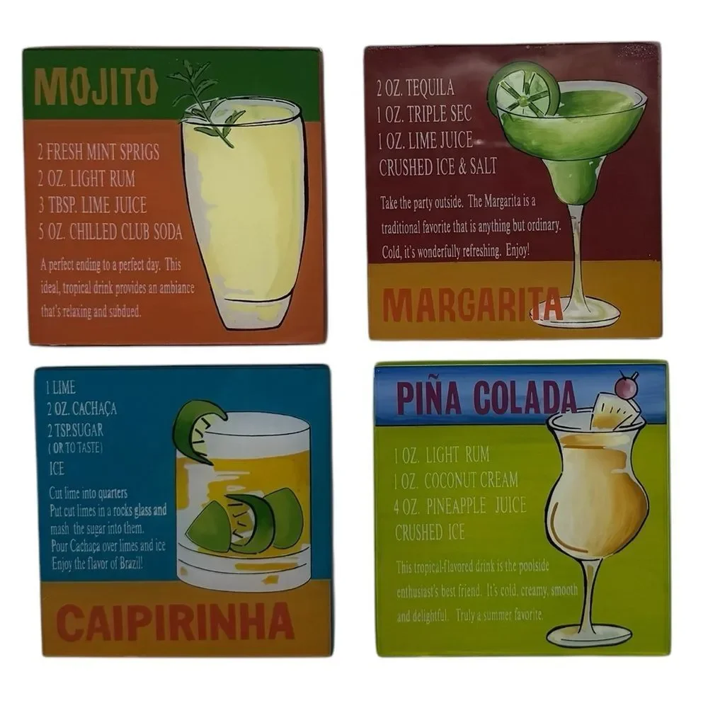 Pier 1 Imports Hand Painted Glass Top Wooden Coasters Set of Four in Box